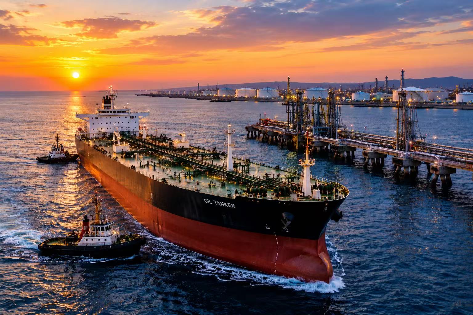 Oil tanker approaching an energy terminal at sunset