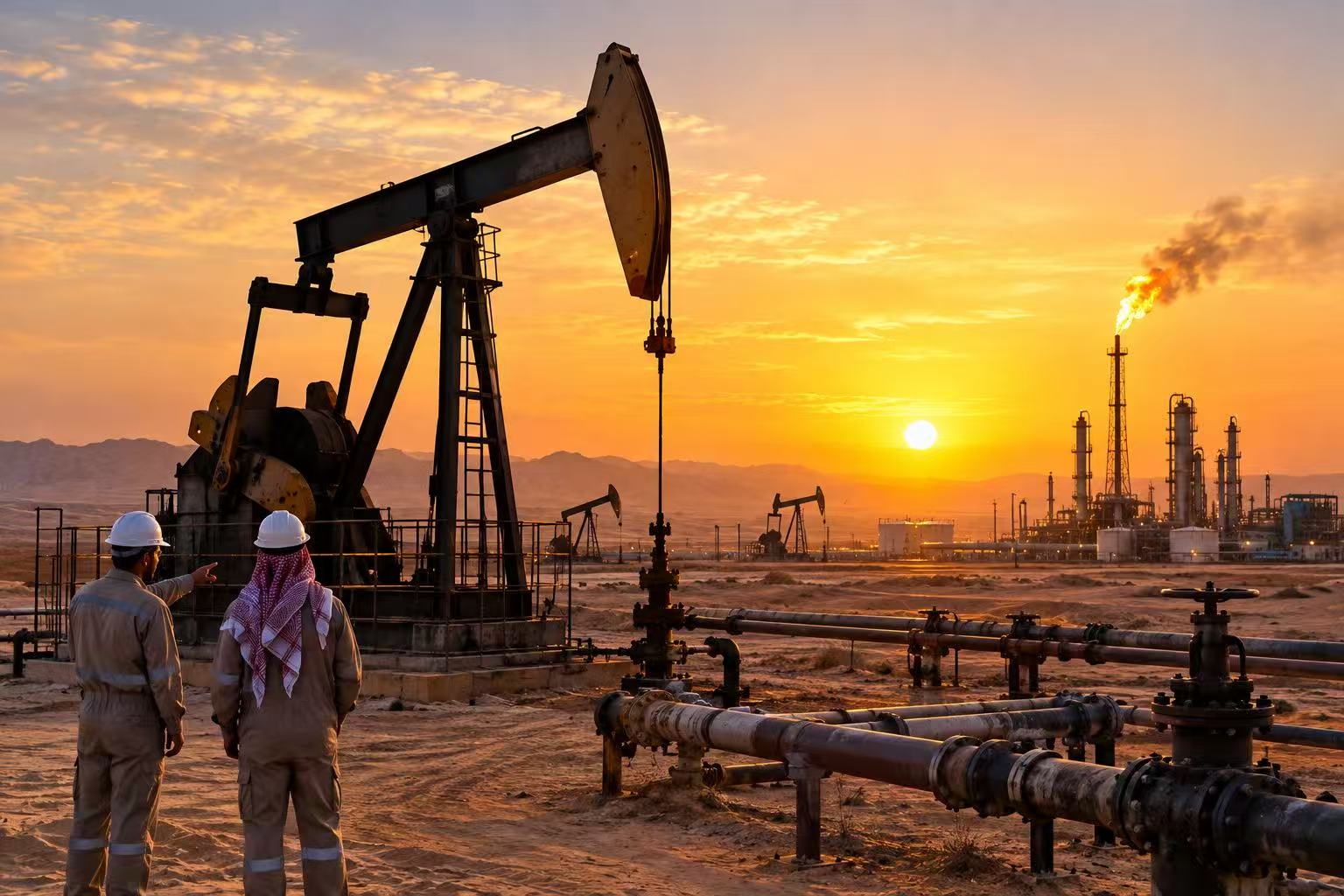 Oil production facility at sunset